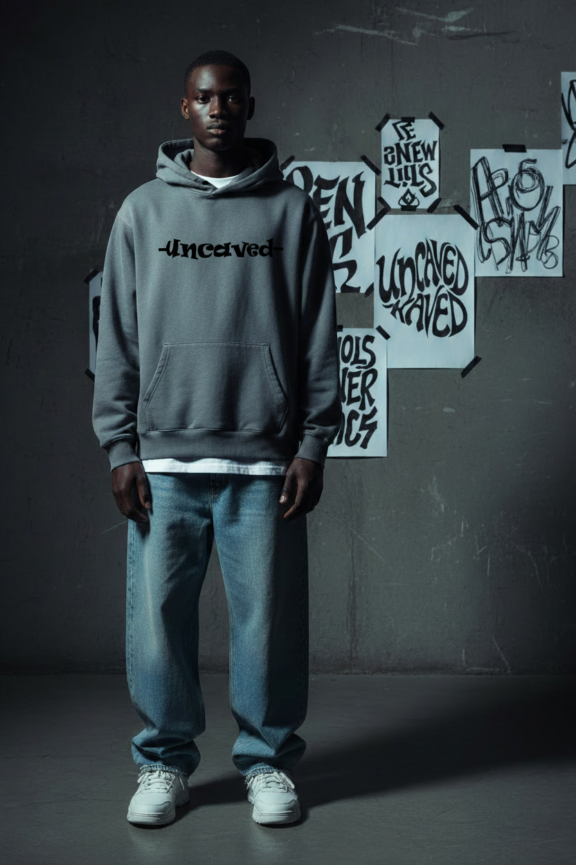 Front view of Uncaved oversized grey hoodie with -Uncaved- wordmark