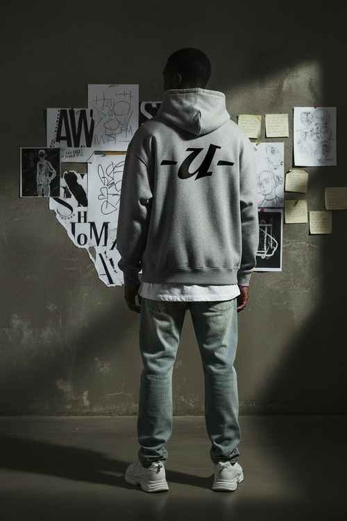 Back view of Uncaved oversized grey hoodie with -U- logo